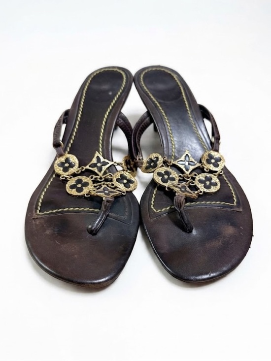 Louis Vuitton Shoes - Louis Vuitton Y2K Vintage Brown Leather Gold Coin Quatrefoil Thong Sandals 37.5
